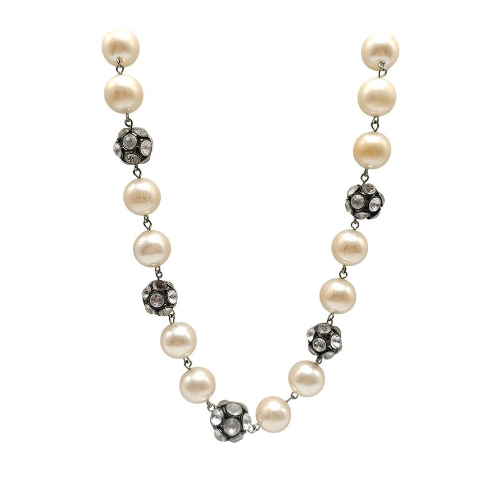 Faux Pearl Clear Crystal Bead Necklace 23" With Silver Tone Chain RMN